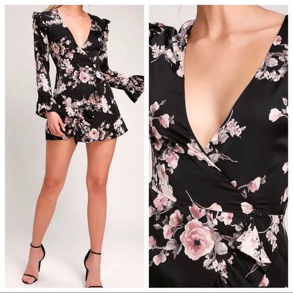 Lulus Dresses & Skirts - Oaklynn Black Satin Floral Skort Dress
